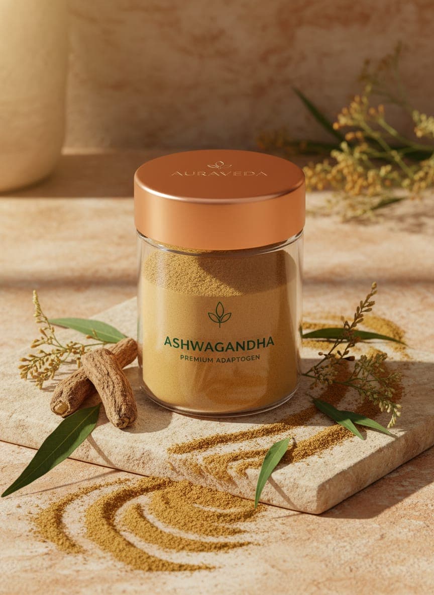 Nagauri Ashwagandha premium powder product with roots and herbs